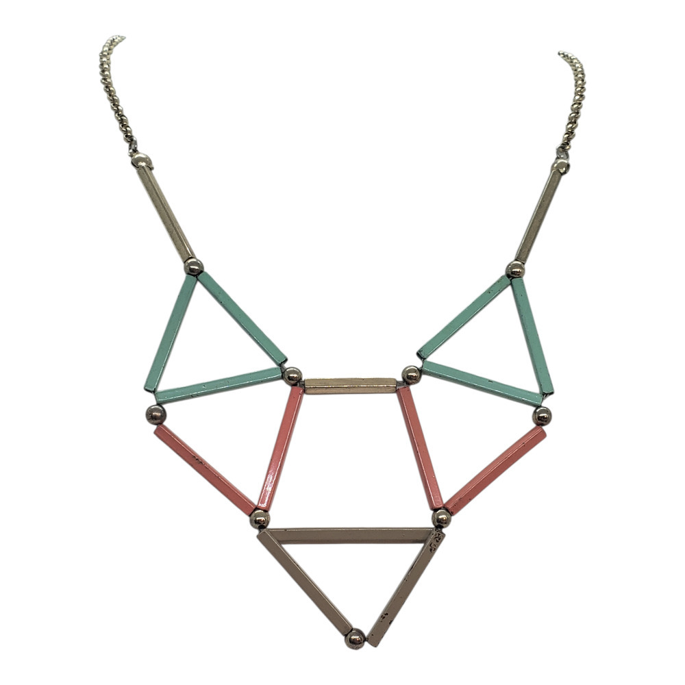 Geometric Bib Necklace Multicolor Enamel Triangles Statement 25 Inch Long Chain